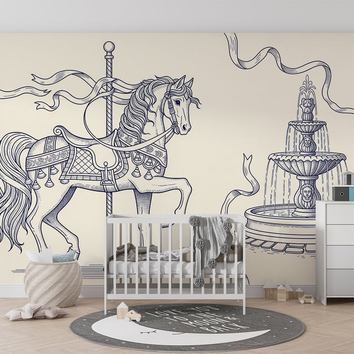 Papel de parede infantil | Cavalo de carrossel e fonte elegante em estilo vintage