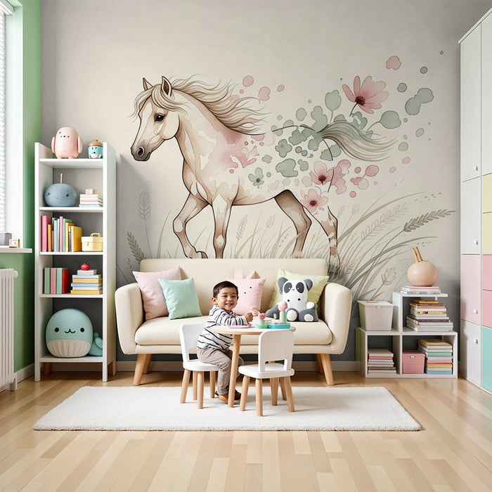 Papier peint chambre enfant | Cheval élégant entouré de fleurs délicates