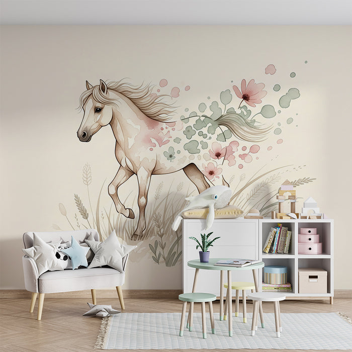 Papier peint chambre enfant | Cheval élégant entouré de fleurs délicates