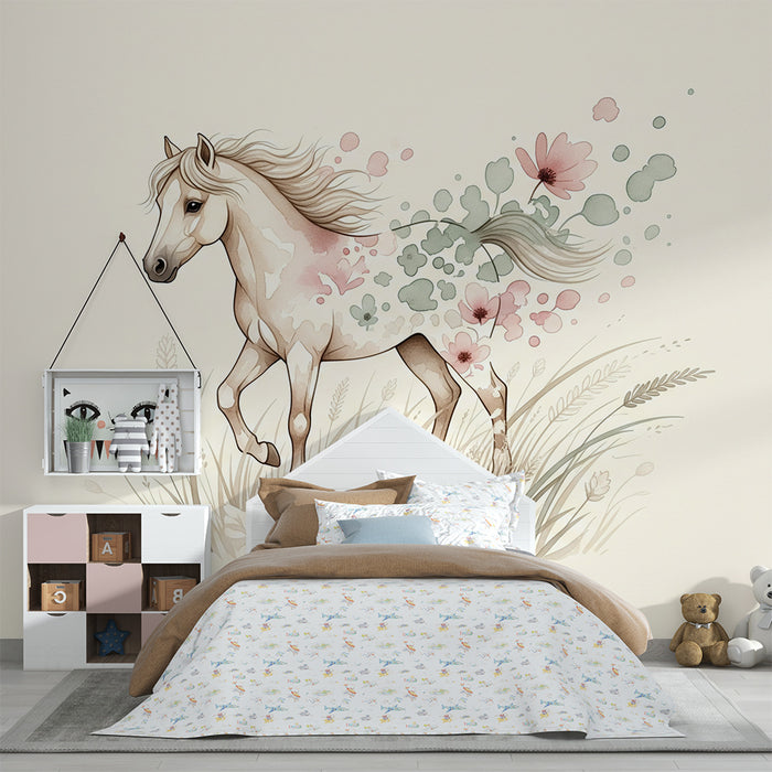 Papier peint chambre enfant | Cheval élégant entouré de fleurs délicates