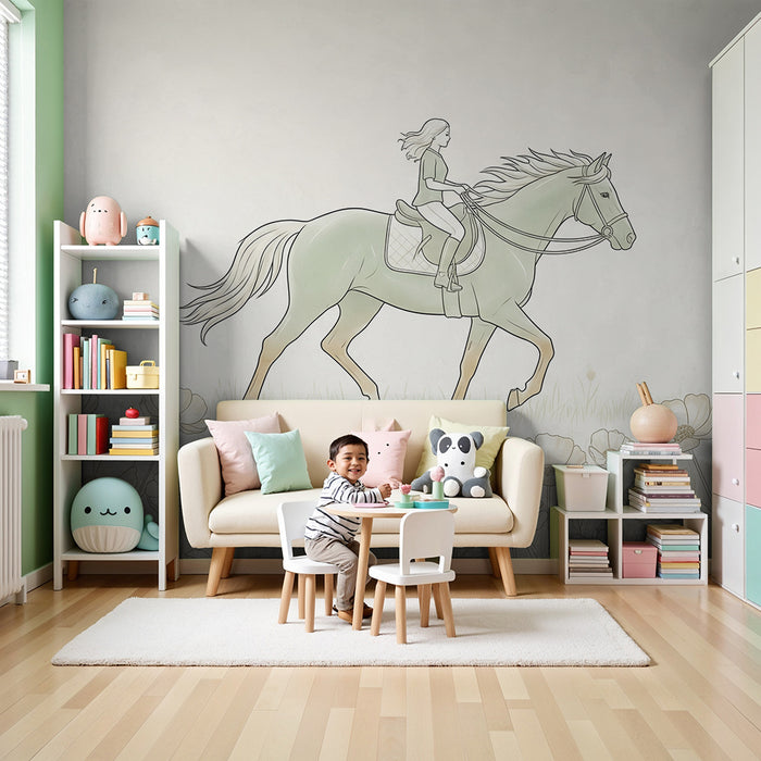 Papier peint chambre enfant | Cheval et cavalière dans un champ de fleurs délicates