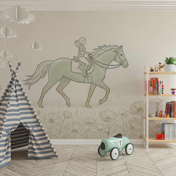 Papier peint chambre enfant | Cheval et cavalière dans un champ de fleurs délicates