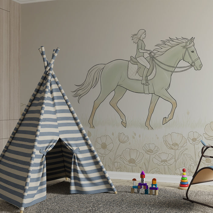 Papier peint chambre enfant | Cheval et cavalière dans un champ de fleurs délicates