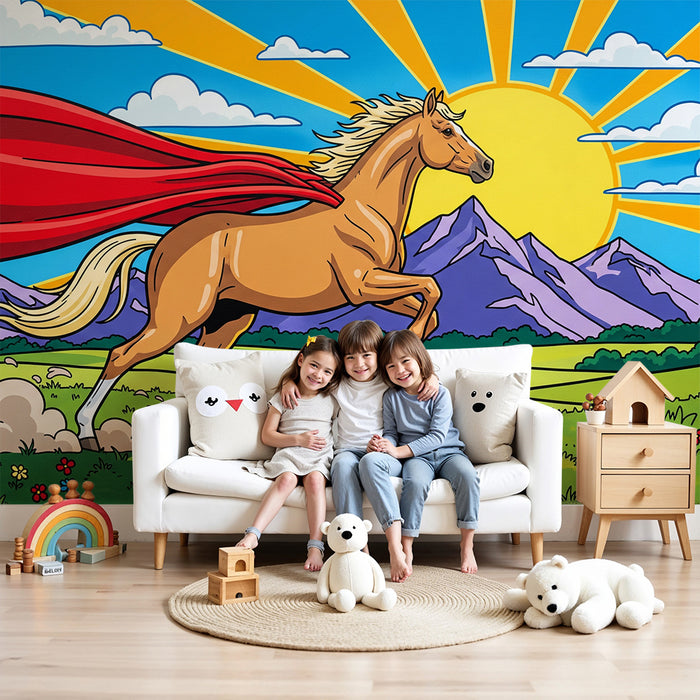 Kinderkamer behang | Heldhaftig paard met cape in een zonnig landschap