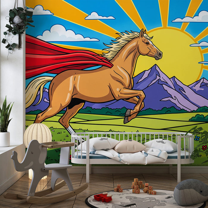 Kinderkamer behang | Heldhaftig paard met cape in een zonnig landschap