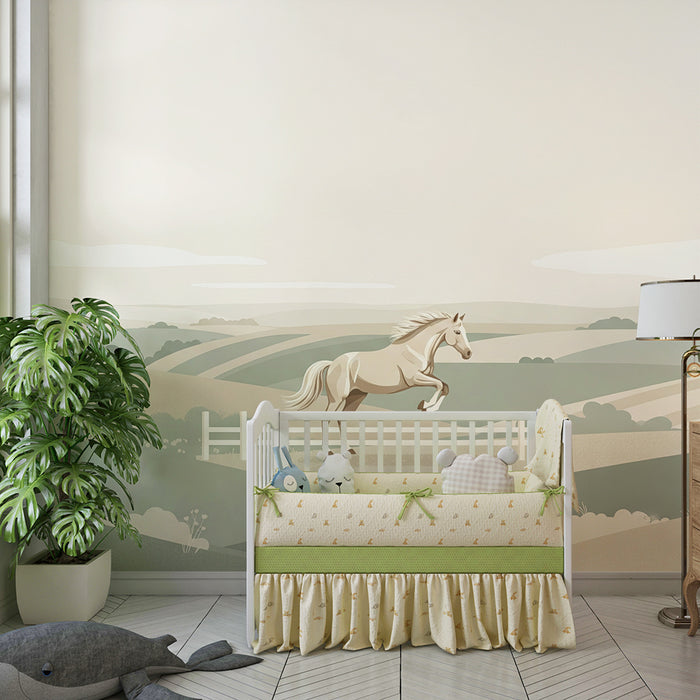 Behang kinderkamer | Majestueus paard in een rustgevend pastoraal landschap