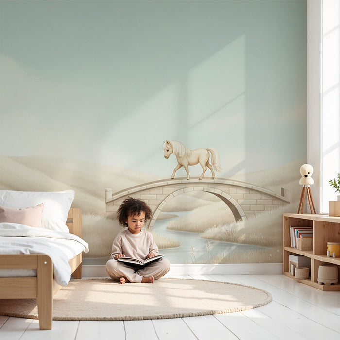 Papier peint chambre enfant | Cheval mignon sur un pont dans un paysage paisible