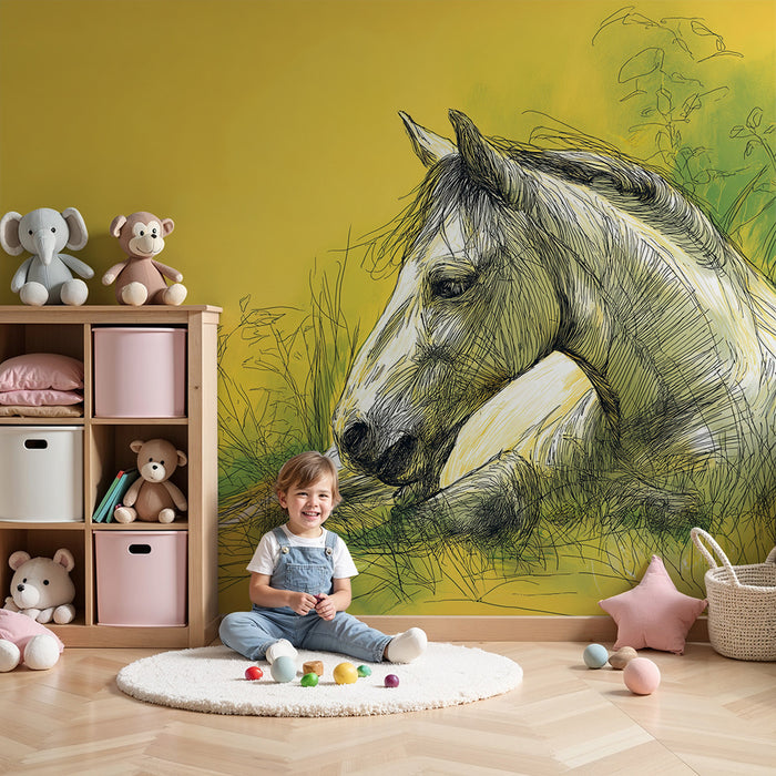 Papier peint chambre enfant | Cheval paisible sur fond jaune éclatant