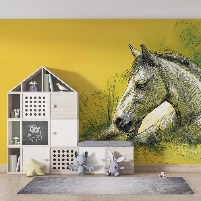 Papier peint chambre enfant | Cheval paisible sur fond jaune éclatant