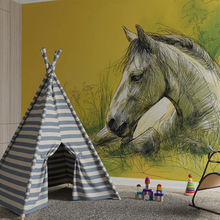 Papier peint chambre enfant | Cheval paisible sur fond jaune éclatant