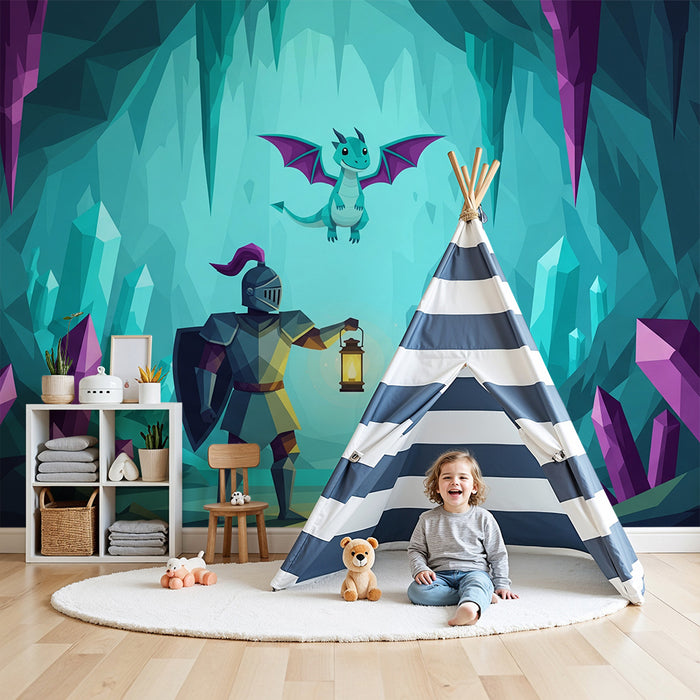 Kinderzimmer Tapete | Mutiger Ritter und Drache in einer magischen Höhle