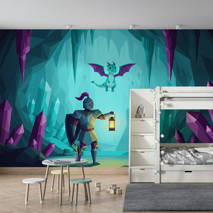 Kinderzimmer Tapete | Mutiger Ritter und Drache in einer magischen Höhle
