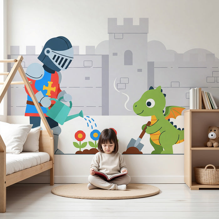 Kinderzimmer Tapete | Ritter und Drache als Gärtner in mittelalterlicher Kulisse