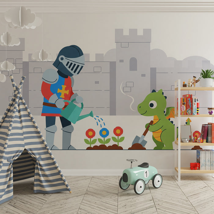 Kinderzimmer Tapete | Ritter und Drache als Gärtner in mittelalterlicher Kulisse
