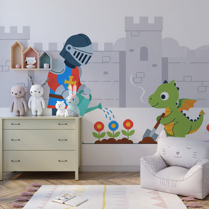 Kinderzimmer Tapete | Ritter und Drache als Gärtner in mittelalterlicher Kulisse