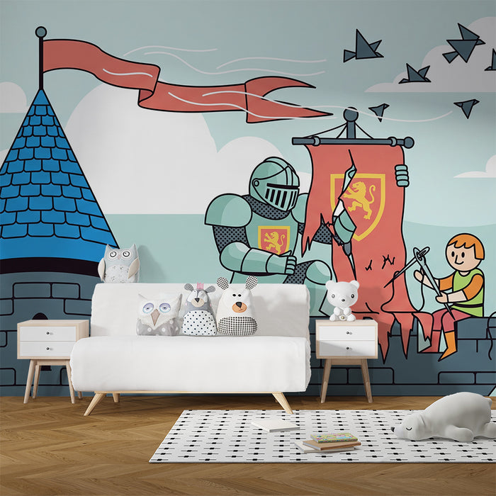 Kinderzimmer-Tapete | Ritter und Kind im mittelalterlichen Abenteuer