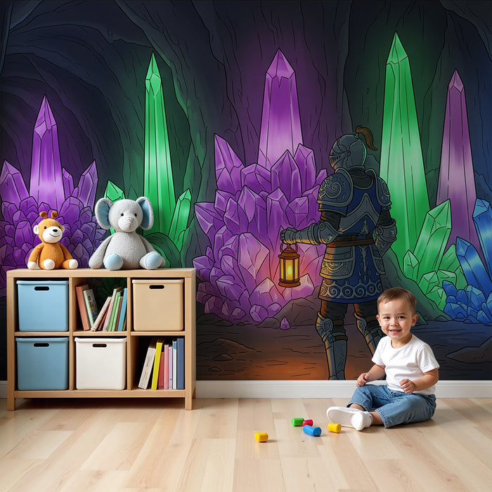 Behang kinderkamer | Ridder ontdekt een magische grot vol gekleurde kristallen