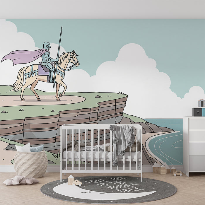 Papel pintado infantil | Caballero y su corcel junto al mar