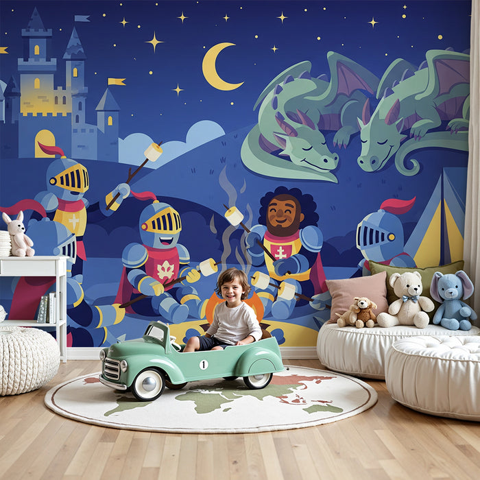 Papel pintado infantil | Caballeros en la hoguera con dragones dormidos