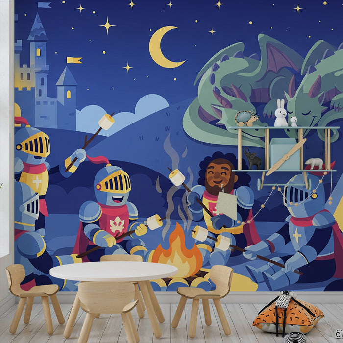 Papel pintado infantil | Caballeros en la hoguera con dragones dormidos
