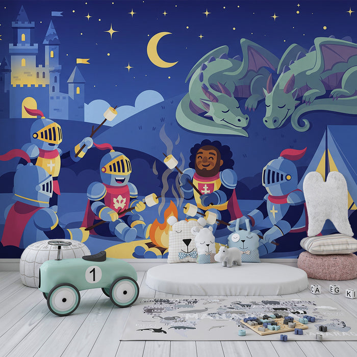 Papel pintado infantil | Caballeros en la hoguera con dragones dormidos