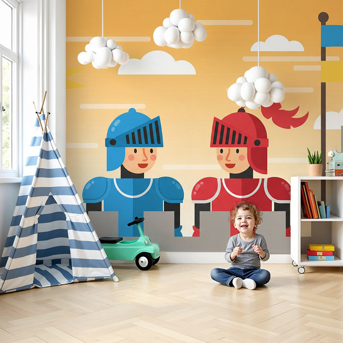 Tapet pentru camera copilului | Cavaleri colorați pe zidurile unui castel