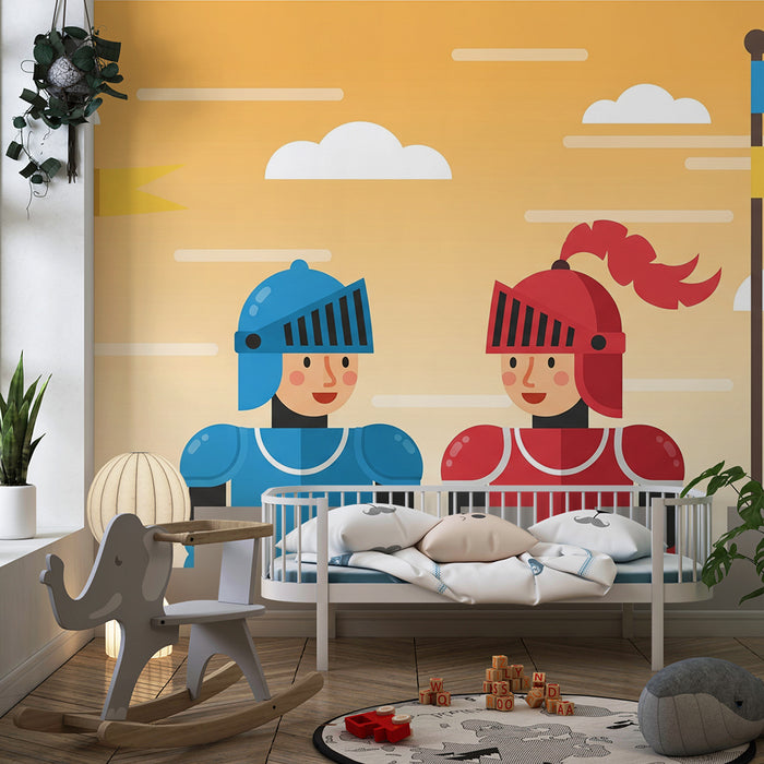 Tapet pentru camera copilului | Cavaleri colorați pe zidurile unui castel