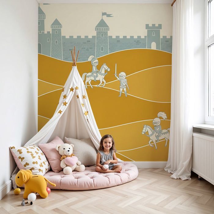 Papier peint chambre enfant | Chevaliers en action devant un château médiéval