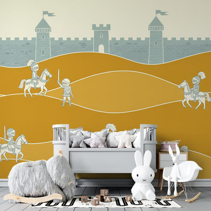 Papier peint chambre enfant | Chevaliers en action devant un château médiéval