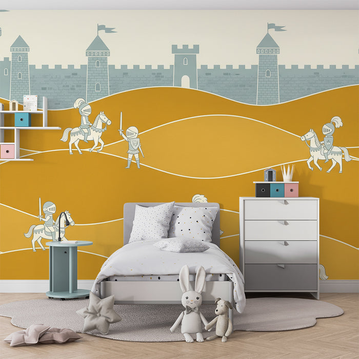 Papier peint chambre enfant | Chevaliers en action devant un château médiéval