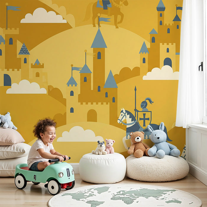 Papier peint chambre enfant | Chevaliers et châteaux dans un monde médiéval en jaune