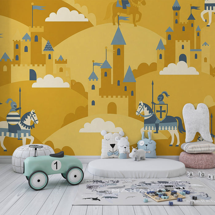 Papier peint chambre enfant | Chevaliers et châteaux dans un monde médiéval en jaune