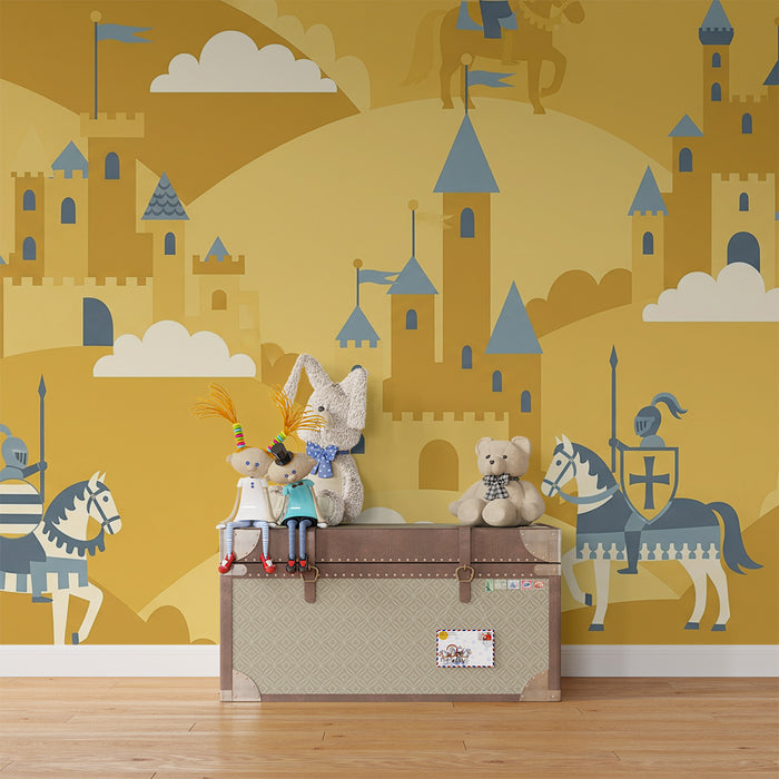 Papier peint chambre enfant | Chevaliers et châteaux dans un monde médiéval en jaune