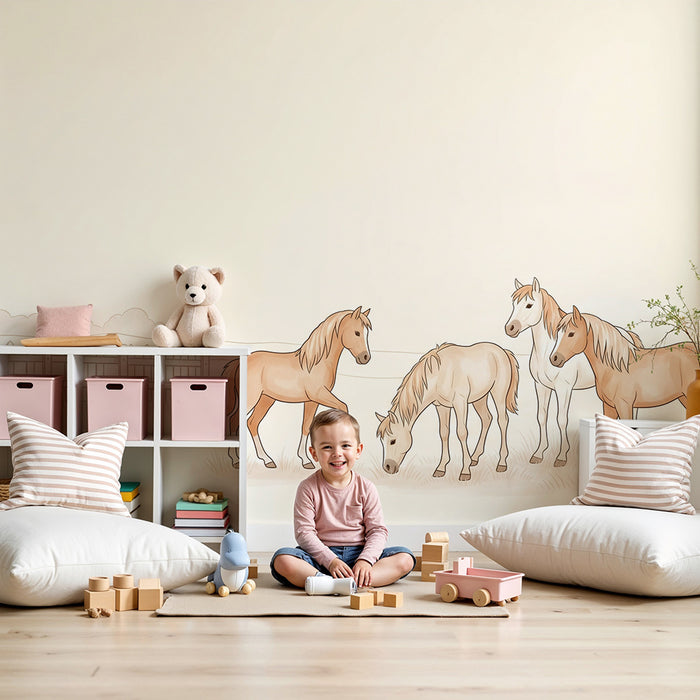 Papier peint chambre enfant | Chevaux dans la prairie avec une étable