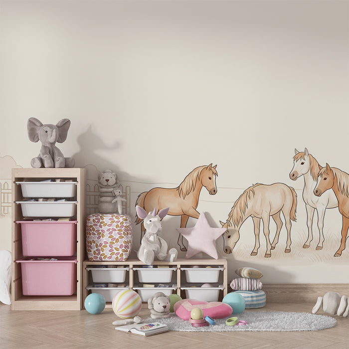 Papier peint chambre enfant | Chevaux dans la prairie avec une étable