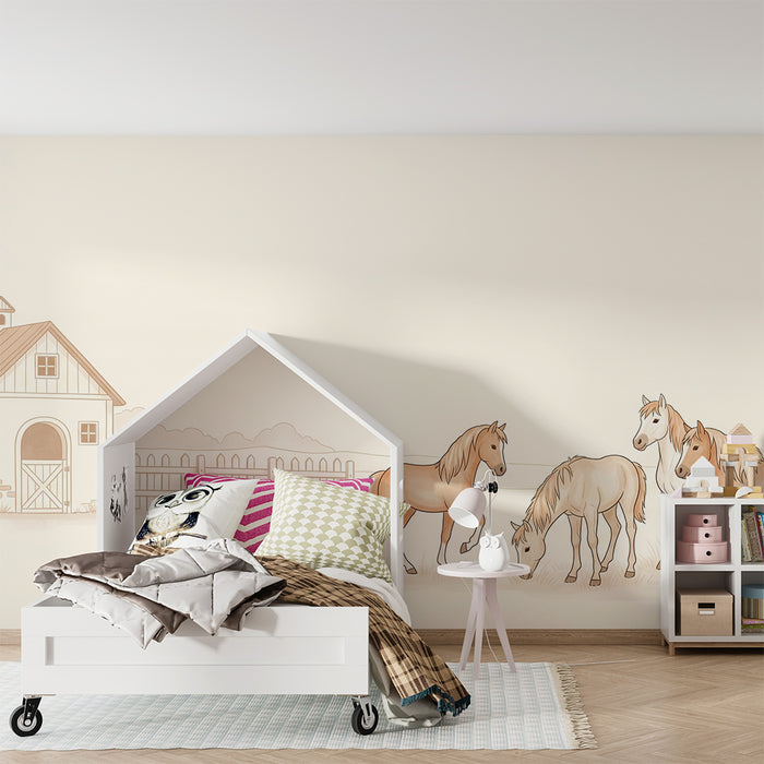 Papier peint chambre enfant | Chevaux dans la prairie avec une étable