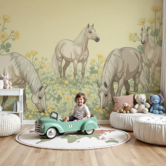 Papier peint chambre enfant | Chevaux dans un champ de fleurs jaunes