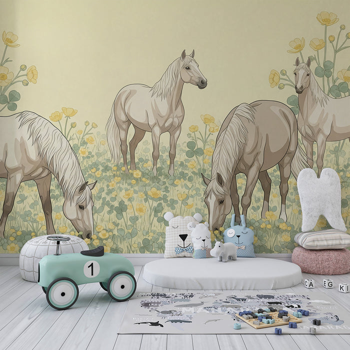 Papier peint chambre enfant | Chevaux dans un champ de fleurs jaunes