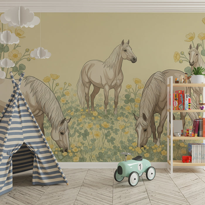 Papier peint chambre enfant | Chevaux dans un champ de fleurs jaunes