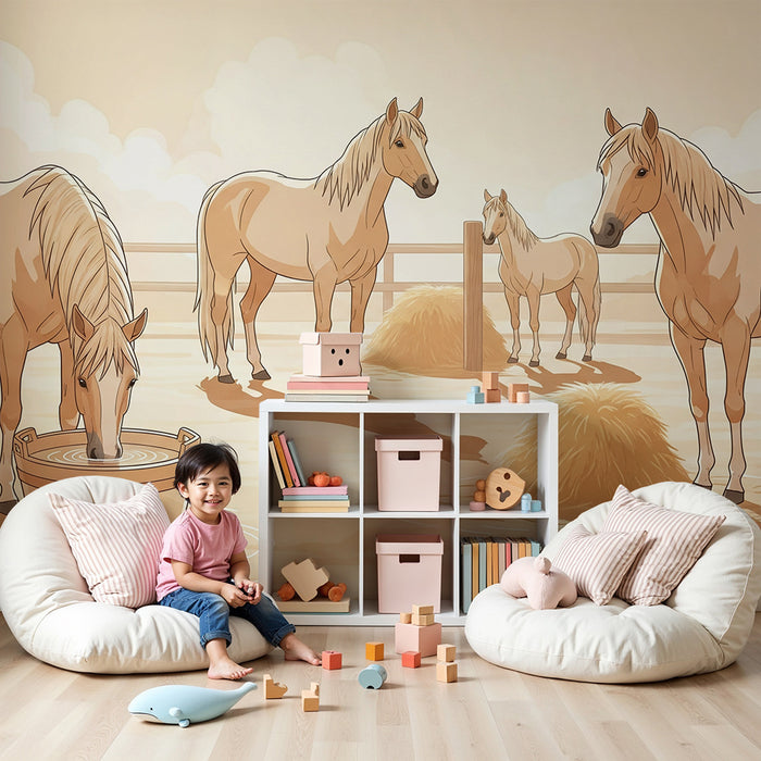 Papel de parede para quarto infantil | Cavalos num cercado com uma atmosfera acolhedora