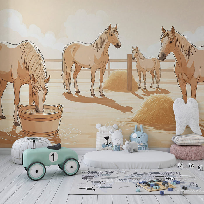 Papel de parede para quarto infantil | Cavalos num cercado com uma atmosfera acolhedora