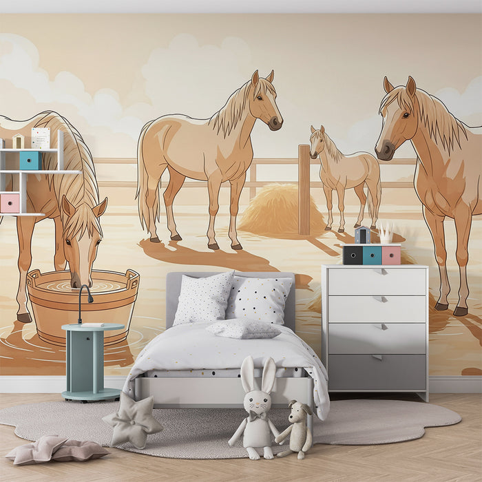 Papel de parede para quarto infantil | Cavalos num cercado com uma atmosfera acolhedora