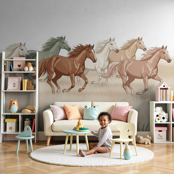Papel pintado infantil | Caballos galopando en campos dorados