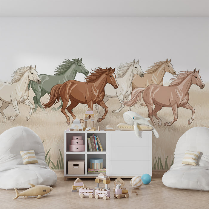 Papel pintado infantil | Caballos galopando en campos dorados