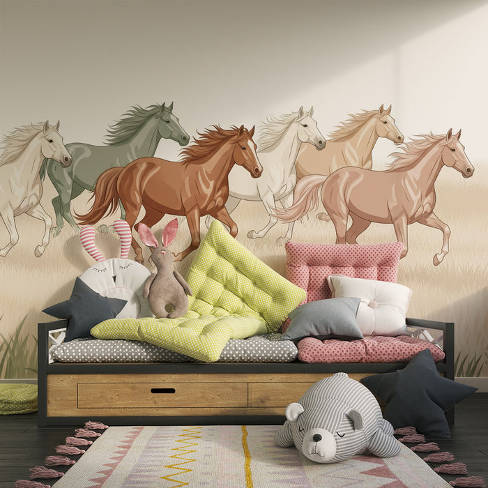 Papel pintado infantil | Caballos galopando en campos dorados