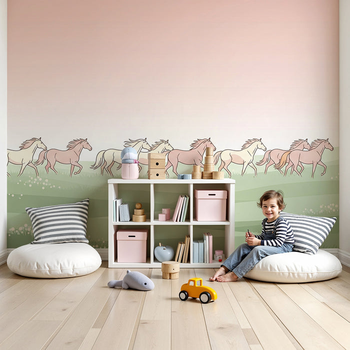 Papier peint chambre enfant | Chevaux galopant sur un champ paisible