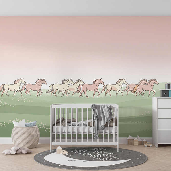 Papier peint chambre enfant | Chevaux galopant sur un champ paisible