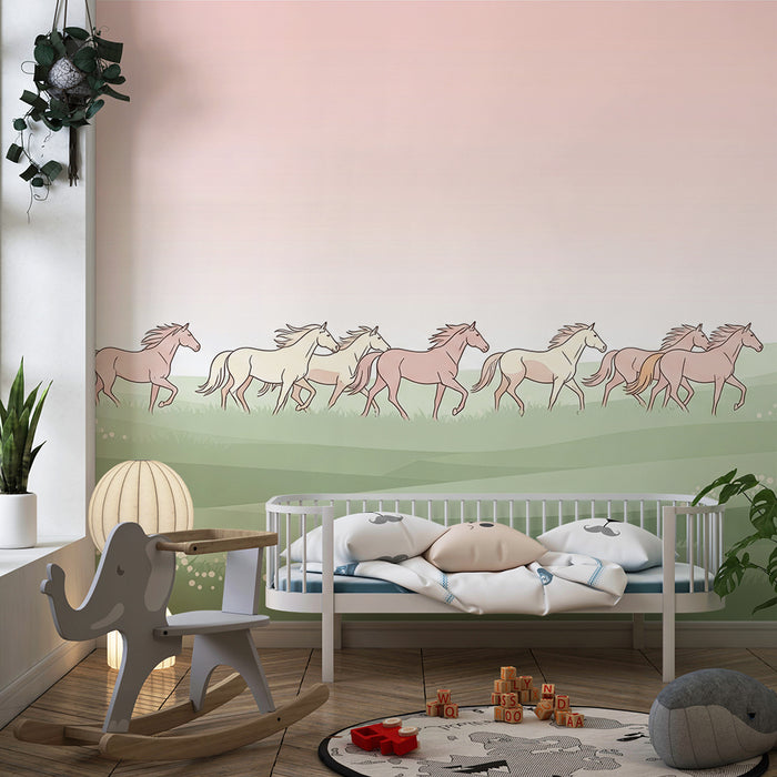 Papier peint chambre enfant | Chevaux galopant sur un champ paisible