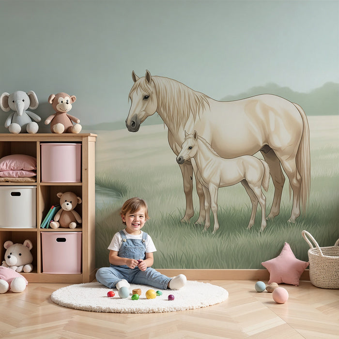 Papel de parede para quarto infantil | Cavalos majestosos à beira de um rio tranquilo