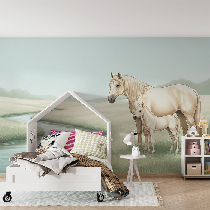 Papel de parede para quarto infantil | Cavalos majestosos à beira de um rio tranquilo